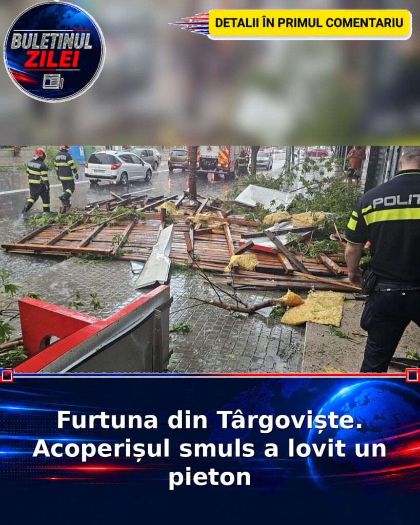Furtuna din Târgoviște. Acoperișul smuls a lovit un pieton