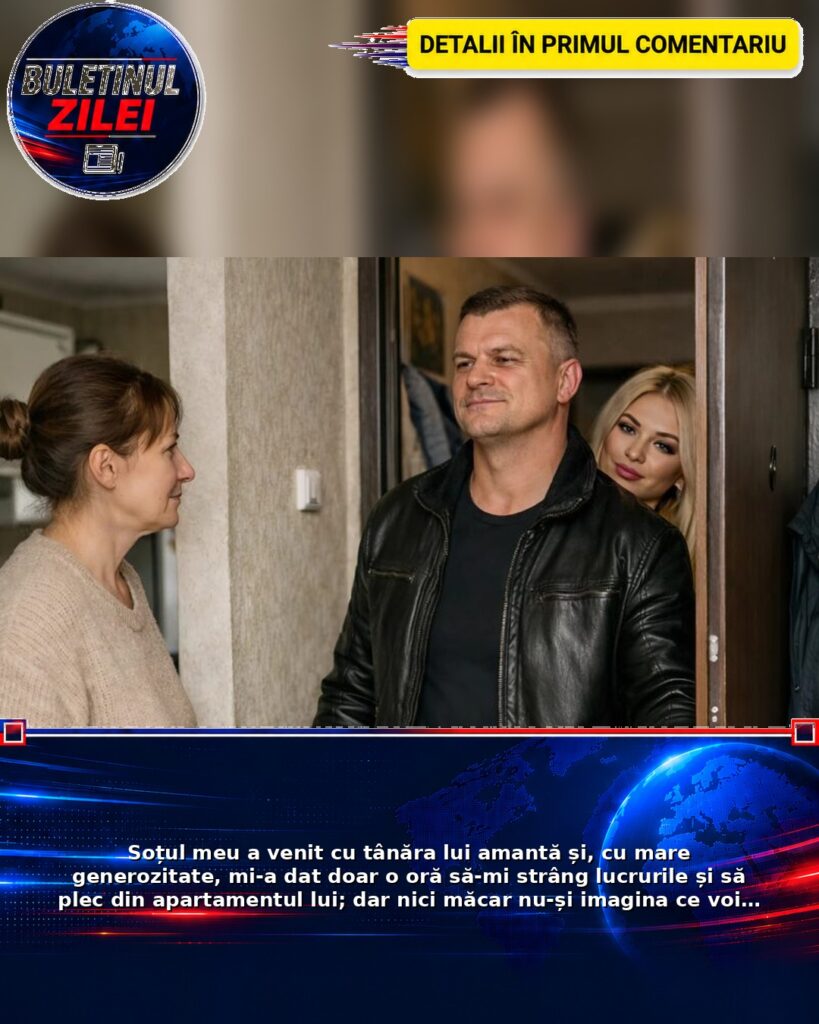 Soțul meu a venit cu tânăra lui amantă și, cu mare generozitate, mi-a dat doar o oră să-mi strâng lucrurile și să plec din ap