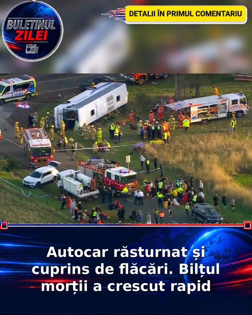 Autocar răsturnat și cuprins de flăcări. Bilțul morții a crescut rapid