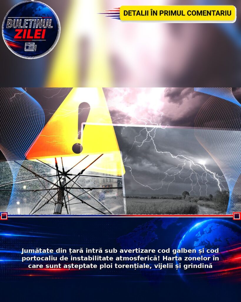 Jumătate din țară intră sub avertizare cod galben și cod portocaliu de instabilitate atmosferică! Harta zonelor în care sunt