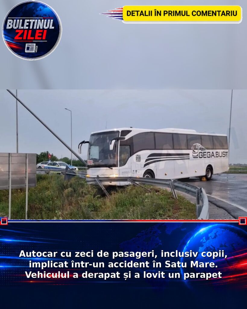 Autocar cu zeci de pasageri, inclusiv copii, implicat într-un accident în Satu Mare. Vehiculul a derapat și a lovit un parape