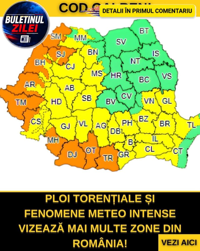 Cod galben de ploi torențiale în România! Lista județelor vizate
