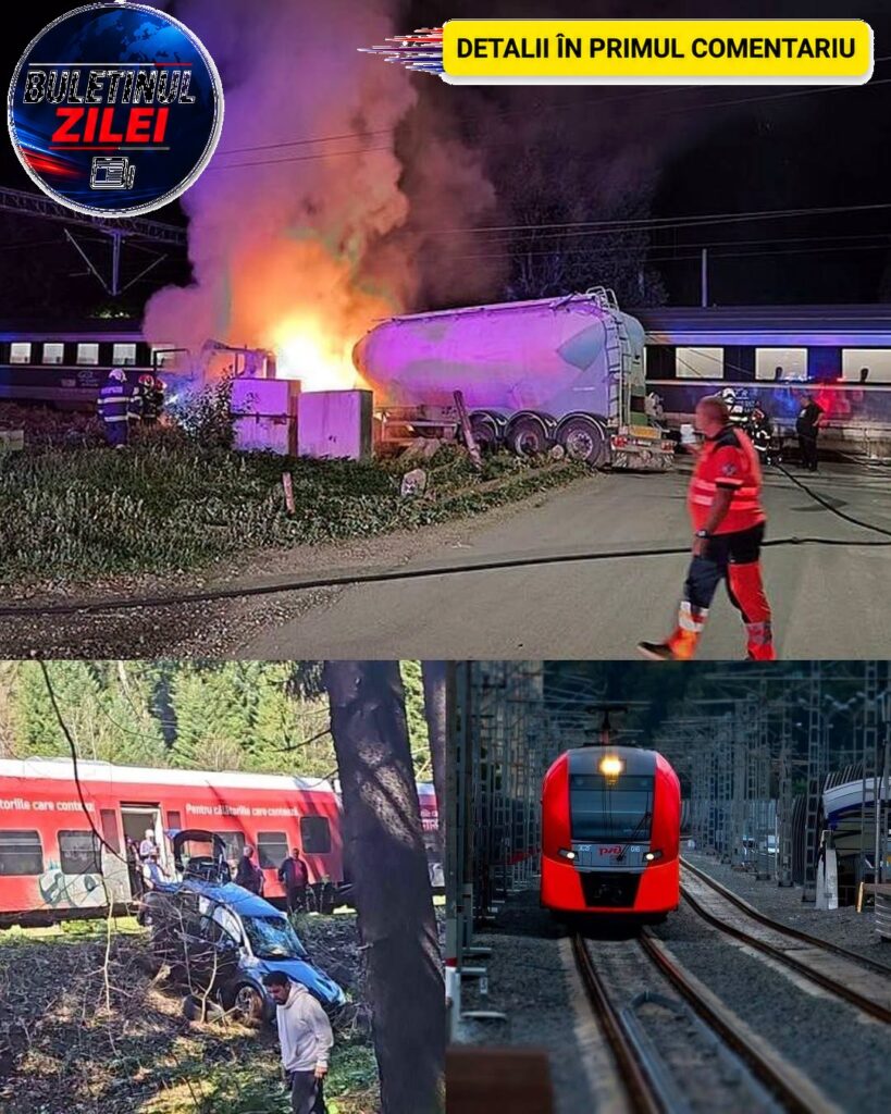 Un Tren Cu 200 De Călători Spre Mare A Lovit În Plin O Cisternă Încărcată Cu Ciment. Cabina A Fost Cuprinsă De Foc