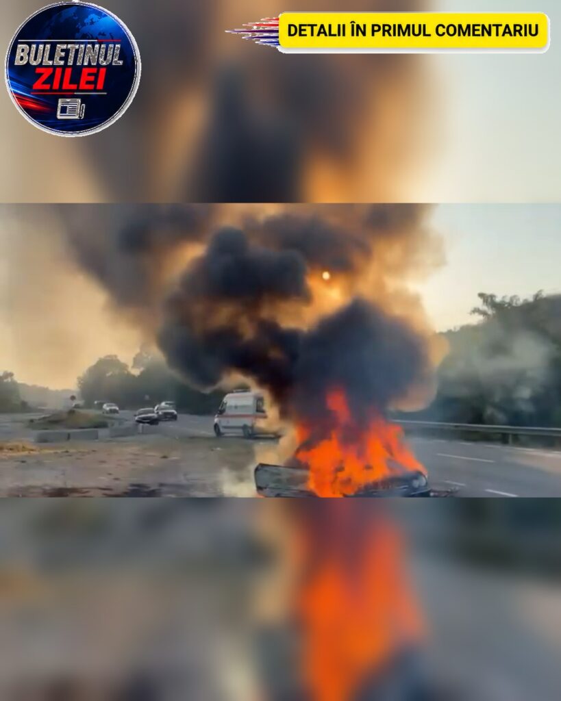 Incendiu violent pe o șosea din Mehedinți. O familie s-a salvat în ultima secundă din mașina cuprinsă de flăcări